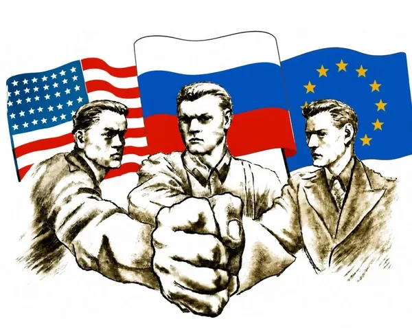 Плакат: люди на фоне флагов США, России и Евросоюза
